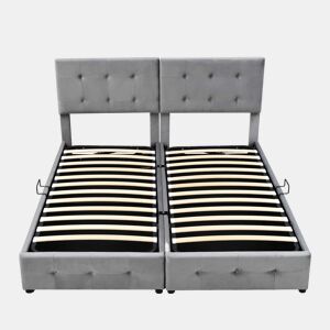 Cama contentor estofada 180x200cm em veludo - convertível em 2 camas individuais - Cinzento