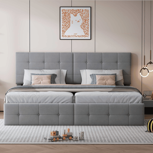 Cama contentor estofada 180x200cm em veludo - convertível em 2 camas individuais - Cinzento Cama contentor estofada 180x200cm em veludo - convertível em 2 camas individuais - Cinzento