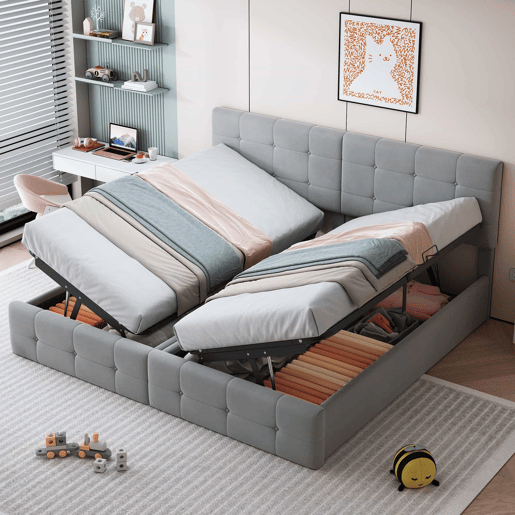 Cama contentor estofada 180x200cm em veludo - convertível em 2 camas individuais - Cinzento Cama contentor estofada 180x200cm em veludo - convertível em 2 camas individuais - Cinzento