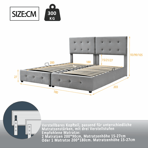 Cama contentor estofada 180x200cm em veludo - convertível em 2 camas individuais - Cinzento Cama contentor estofada 180x200cm em veludo - convertível em 2 camas individuais - Cinzento