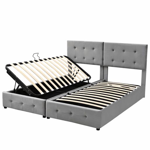 Cama contentor estofada 180x200cm em veludo - convertível em 2 camas individuais - Cinzento Cama contentor estofada 180x200cm em veludo - convertível em 2 camas individuais - Cinzento
