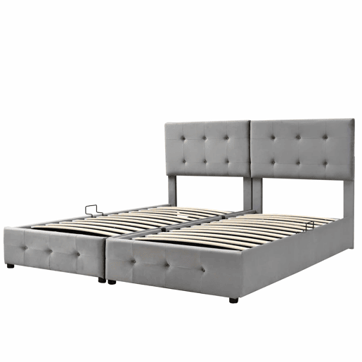 Cama contentor estofada 180x200cm em veludo - convertível em 2 camas individuais - Cinzento Cama contentor estofada 180x200cm em veludo - convertível em 2 camas individuais - Cinzento