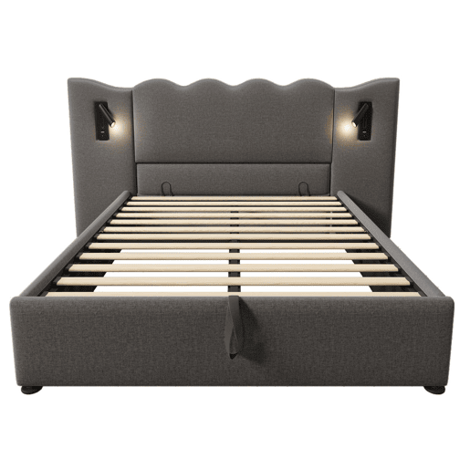 Cama para arrumação de roupa de cama 160x200 cm - com luz de leitura e função de carregamento - com estrado de ripas - Cinzento Cama para arrumação de roupa de cama 160x200 cm - com luz de leitura e função de carregamento - com estrado de ripas - Cinzento