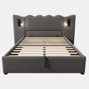 Cama para arrumação de roupa de cama 160x200 cm - com luz de leitura e função de carregamento - com estrado de ripas - Cinzento