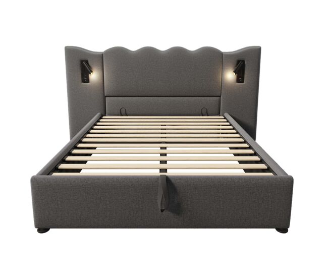 Cama con almacenaje de lino 160x200 cm - con luz de lectura y función de carga - con somier - gris