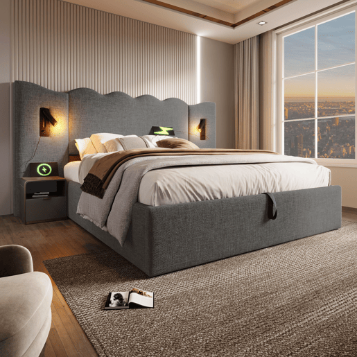 Cama para arrumação de roupa de cama 160x200 cm - com luz de leitura e função de carregamento - com estrado de ripas - Cinzento Cama para arrumação de roupa de cama 160x200 cm - com luz de leitura e função de carregamento - com estrado de ripas - Cinzento