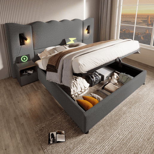 Cama para arrumação de roupa de cama 160x200 cm - com luz de leitura e função de carregamento - com estrado de ripas - Cinzento Cama para arrumação de roupa de cama 160x200 cm - com luz de leitura e função de carregamento - com estrado de ripas - Cinzento