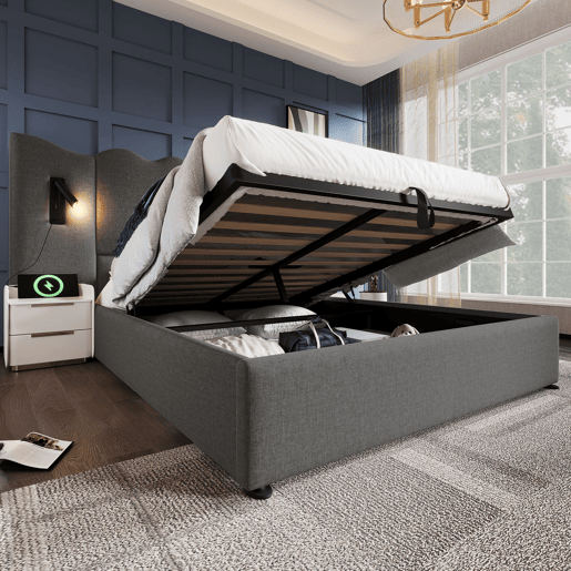 Cama para arrumação de roupa de cama 160x200 cm - com luz de leitura e função de carregamento - com estrado de ripas - Cinzento Cama para arrumação de roupa de cama 160x200 cm - com luz de leitura e função de carregamento - com estrado de ripas - Cinzento