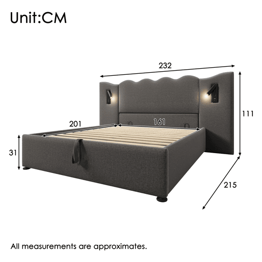 Cama para arrumação de roupa de cama 160x200 cm - com luz de leitura e função de carregamento - com estrado de ripas - Cinzento Cama para arrumação de roupa de cama 160x200 cm - com luz de leitura e função de carregamento - com estrado de ripas - Cinzento