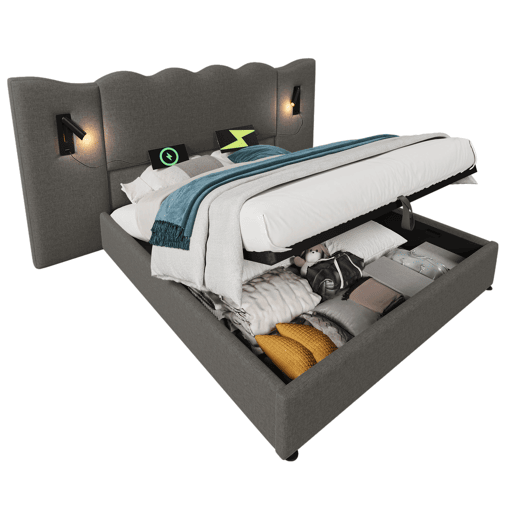 Cama para arrumação de roupa de cama 160x200 cm - com luz de leitura e função de carregamento - com estrado de ripas - Cinzento Cama para arrumação de roupa de cama 160x200 cm - com luz de leitura e função de carregamento - com estrado de ripas - Cinzento