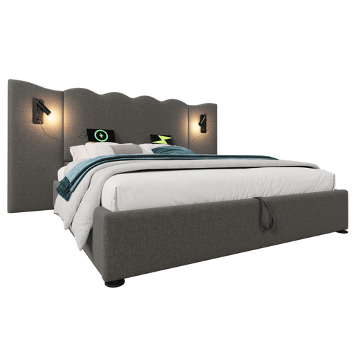 Cama para arrumação de roupa de cama 160x200 cm - com luz de leitura e função de carregamento - com estrado de ripas - Cinzento Cama para arrumação de roupa de cama 160x200 cm - com luz de leitura e função de carregamento - com estrado de ripas - Cinzento