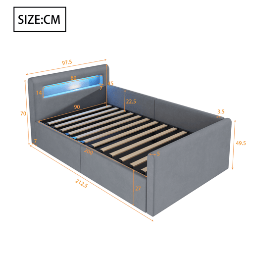 Cama infantil 90x200 cm - Com luz LED, luz noturna, porta USB, com prateleira, com armazenamento hidráulico, cama individual, para meninos e meninas, tecido de veludo - Cinza claro Cama infantil 90x200 cm - Com luz LED, luz noturna, porta USB, com prateleira, com armazenamento hidráulico, cama individual, para meninos e meninas, tecido de veludo - Cinza claro