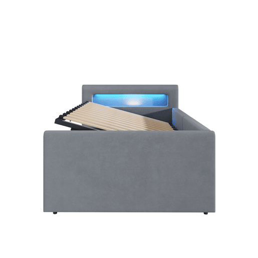 Cama infantil 90x200 cm - Com luz LED, luz noturna, porta USB, com prateleira, com armazenamento hidráulico, cama individual, para meninos e meninas, tecido de veludo - Cinza claro Cama infantil 90x200 cm - Com luz LED, luz noturna, porta USB, com prateleira, com armazenamento hidráulico, cama individual, para meninos e meninas, tecido de veludo - Cinza claro
