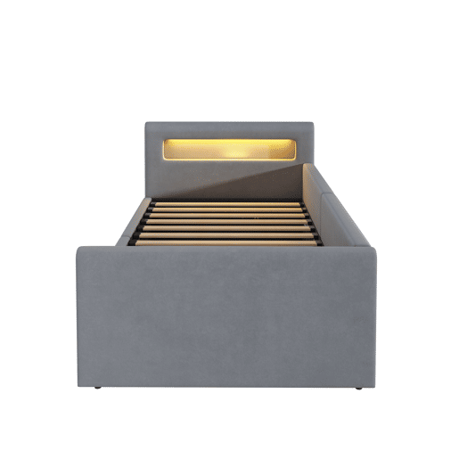 Cama infantil 90x200 cm - Com luz LED, luz noturna, porta USB, com prateleira, com armazenamento hidráulico, cama individual, para meninos e meninas, tecido de veludo - Cinza claro Cama infantil 90x200 cm - Com luz LED, luz noturna, porta USB, com prateleira, com armazenamento hidráulico, cama individual, para meninos e meninas, tecido de veludo - Cinza claro
