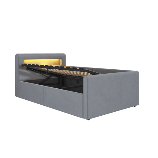 Cama infantil 90x200 cm - Com luz LED, luz noturna, porta USB, com prateleira, com armazenamento hidráulico, cama individual, para meninos e meninas, tecido de veludo - Cinza claro Cama infantil 90x200 cm - Com luz LED, luz noturna, porta USB, com prateleira, com armazenamento hidráulico, cama individual, para meninos e meninas, tecido de veludo - Cinza claro