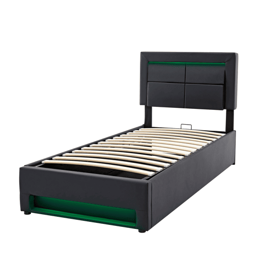Cama estofada 90x200 - com porta USB, carregamento sem fios e com fios, LED e armazenamento - Preto Cama estofada 90x200 - com porta USB, carregamento sem fios e com fios, LED e armazenamento - Preto