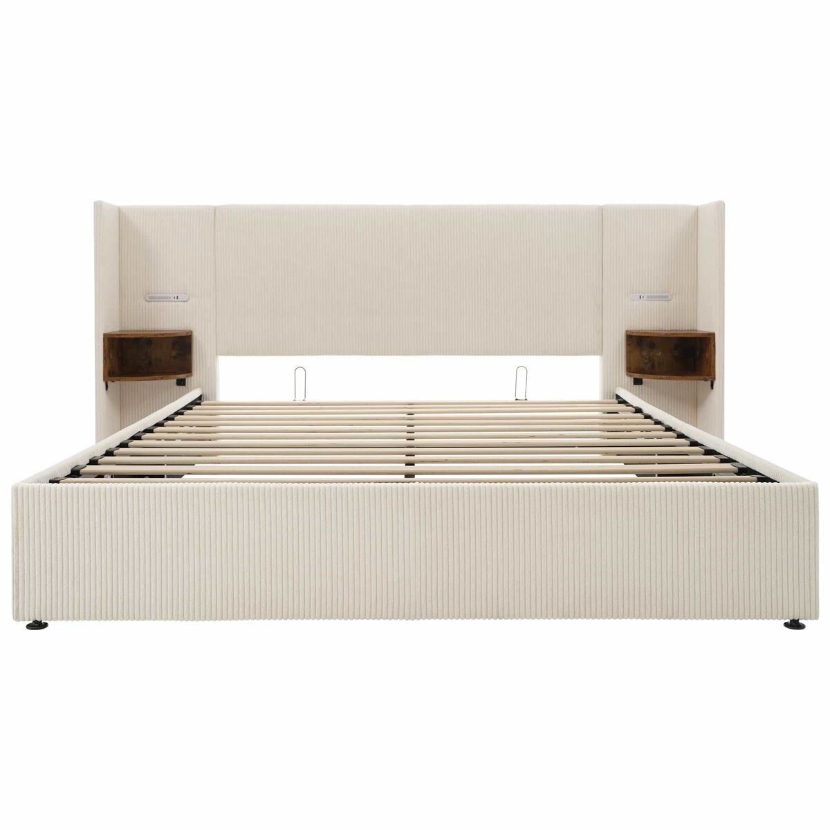 Cama contenedor de pana 180x200 cm - 2 mesitas de noche con luz de lectura y función de carga - con somier - beige