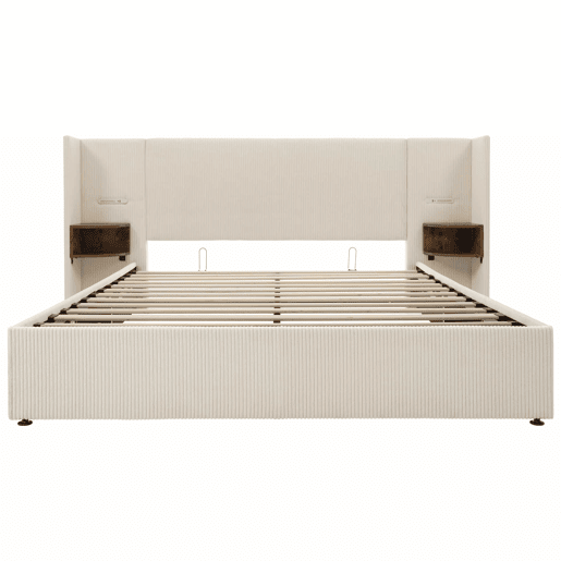 Cama contentora em veludo cotelê 180x200 cm - 2 mesas de cabeceira com luz de leitura e função de carregamento - com estrado de molas - Bege Cama contentora em veludo cotelê 180x200 cm - 2 mesas de cabeceira com luz de leitura e função de carregamento - com estrado de molas - Bege