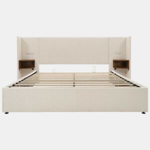 Cama contentora em veludo cotelê 180x200 cm - 2 mesas de cabeceira com luz de leitura e função de carregamento - com estrado de molas - Bege