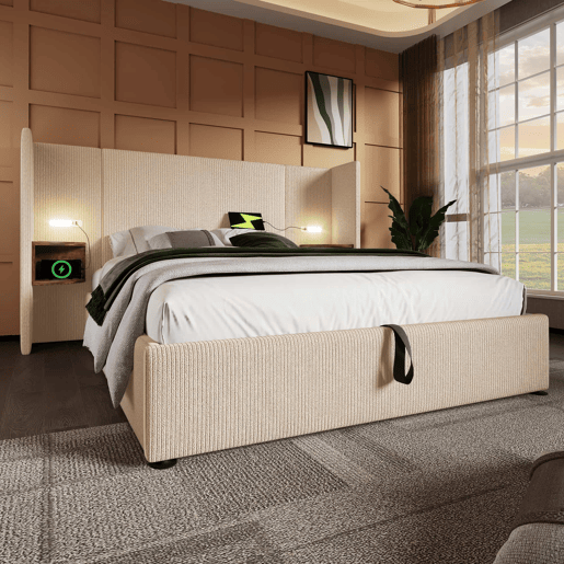 Cama contentora em veludo cotelê 180x200 cm - 2 mesas de cabeceira com luz de leitura e função de carregamento - com estrado de molas - Bege Cama contentora em veludo cotelê 180x200 cm - 2 mesas de cabeceira com luz de leitura e função de carregamento - com estrado de molas - Bege