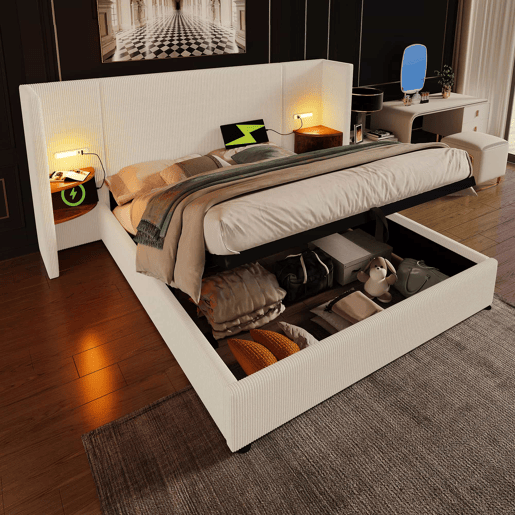 Cama contentora em veludo cotelê 180x200 cm - 2 mesas de cabeceira com luz de leitura e função de carregamento - com estrado de molas - Bege Cama contentora em veludo cotelê 180x200 cm - 2 mesas de cabeceira com luz de leitura e função de carregamento - com estrado de molas - Bege