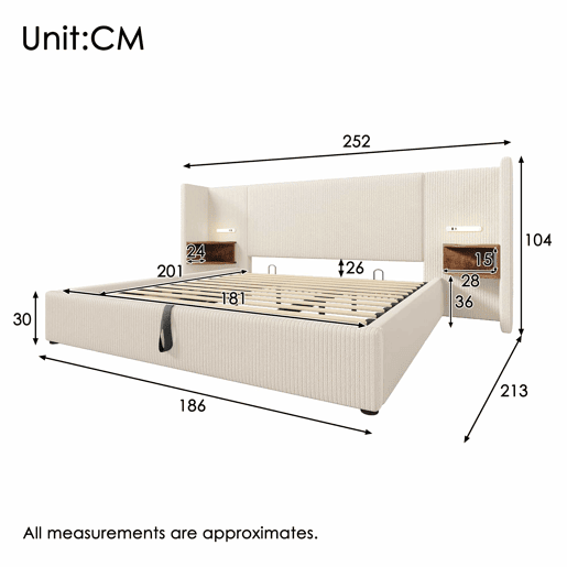 Cama contentora em veludo cotelê 180x200 cm - 2 mesas de cabeceira com luz de leitura e função de carregamento - com estrado de molas - Bege Cama contentora em veludo cotelê 180x200 cm - 2 mesas de cabeceira com luz de leitura e função de carregamento - com estrado de molas - Bege