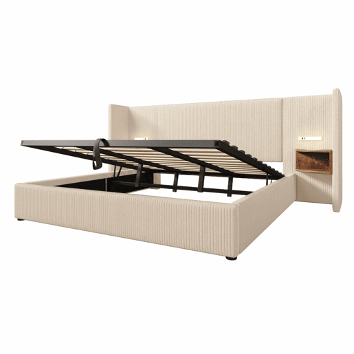 Cama contentora em veludo cotelê 180x200 cm - 2 mesas de cabeceira com luz de leitura e função de carregamento - com estrado de molas - Bege Cama contentora em veludo cotelê 180x200 cm - 2 mesas de cabeceira com luz de leitura e função de carregamento - com estrado de molas - Bege