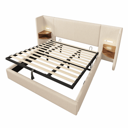 Cama contentora em veludo cotelê 180x200 cm - 2 mesas de cabeceira com luz de leitura e função de carregamento - com estrado de molas - Bege Cama contentora em veludo cotelê 180x200 cm - 2 mesas de cabeceira com luz de leitura e função de carregamento - com estrado de molas - Bege