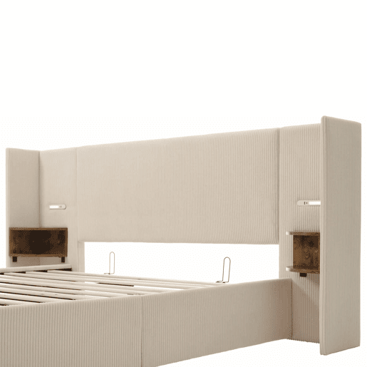 Cama contentora em veludo cotelê 180x200 cm - 2 mesas de cabeceira com luz de leitura e função de carregamento - com estrado de molas - Bege Cama contentora em veludo cotelê 180x200 cm - 2 mesas de cabeceira com luz de leitura e função de carregamento - com estrado de molas - Bege