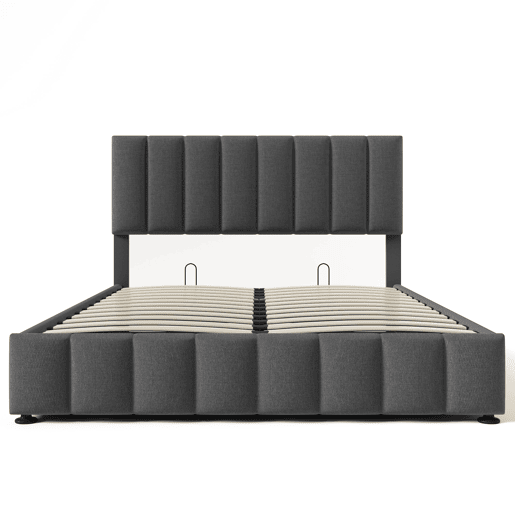 Cama estofada hidráulica 140x200 cm - Cabeceira ajustável, Estrutura metálica, Com arrumação - Cinza Cama estofada hidráulica 140x200 cm - Cabeceira ajustável, Estrutura metálica, Com arrumação - Cinza