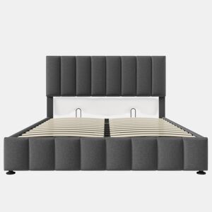Cama estofada hidráulica 140x200 cm - Cabeceira ajustável, Estrutura metálica, Com arrumação - Cinza