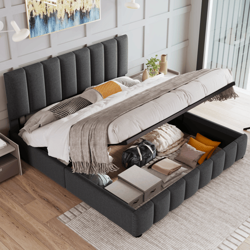 Cama estofada hidráulica 140x200 cm - Cabeceira ajustável, Estrutura metálica, Com arrumação - Cinza Cama estofada hidráulica 140x200 cm - Cabeceira ajustável, Estrutura metálica, Com arrumação - Cinza