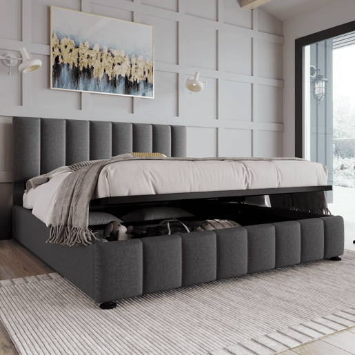 Cama estofada hidráulica 140x200 cm - Cabeceira ajustável, Estrutura metálica, Com arrumação - Cinza Cama estofada hidráulica 140x200 cm - Cabeceira ajustável, Estrutura metálica, Com arrumação - Cinza
