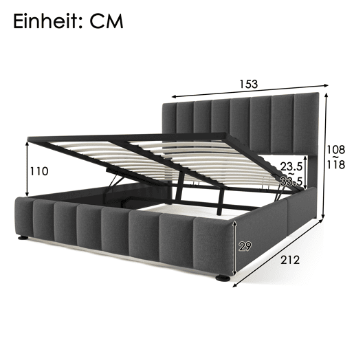 Cama estofada hidráulica 140x200 cm - Cabeceira ajustável, Estrutura metálica, Com arrumação - Cinza Cama estofada hidráulica 140x200 cm - Cabeceira ajustável, Estrutura metálica, Com arrumação - Cinza