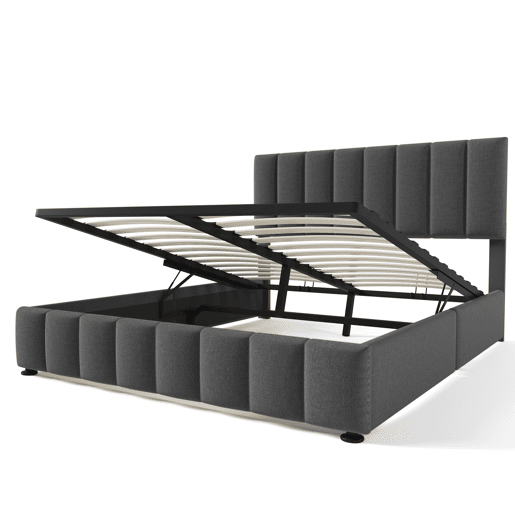Cama estofada hidráulica 140x200 cm - Cabeceira ajustável, Estrutura metálica, Com arrumação - Cinza Cama estofada hidráulica 140x200 cm - Cabeceira ajustável, Estrutura metálica, Com arrumação - Cinza