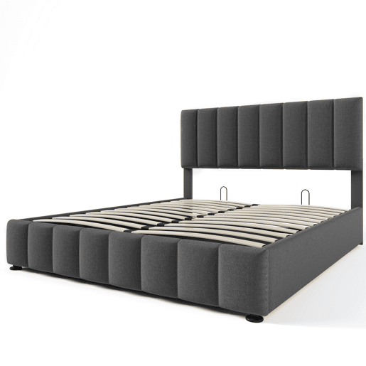 Cama estofada hidráulica 140x200 cm - Cabeceira ajustável, Estrutura metálica, Com arrumação - Cinza Cama estofada hidráulica 140x200 cm - Cabeceira ajustável, Estrutura metálica, Com arrumação - Cinza