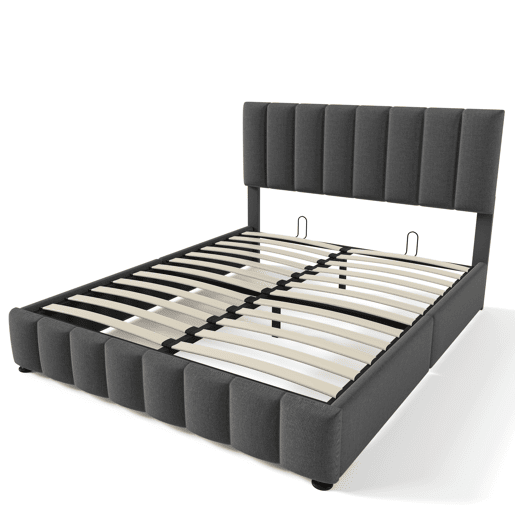 Cama estofada hidráulica 140x200 cm - Cabeceira ajustável, Estrutura metálica, Com arrumação - Cinza Cama estofada hidráulica 140x200 cm - Cabeceira ajustável, Estrutura metálica, Com arrumação - Cinza
