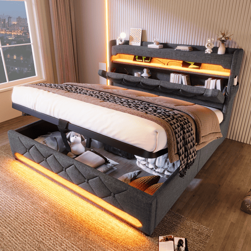 Cama de casal 160x200 - Com arrumação, cabeceira com portas USB e tipo C, função LED 360 - Cinza Cama de casal 160x200 - Com arrumação, cabeceira com portas USB e tipo C, função LED 360 - Cinza