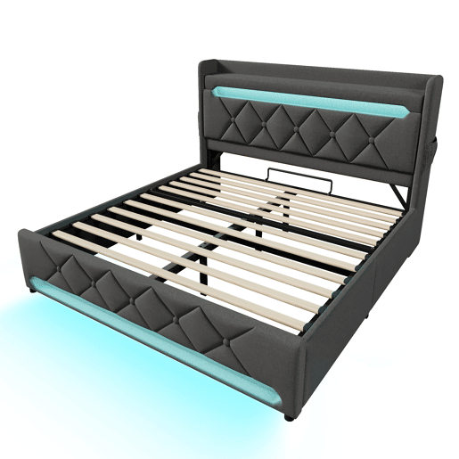 Cama de casal 160x200 - Com arrumação, cabeceira com portas USB e tipo C, função LED 360 - Cinza Cama de casal 160x200 - Com arrumação, cabeceira com portas USB e tipo C, função LED 360 - Cinza