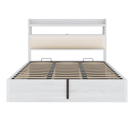 Cama 180x200 - Com elevação hidráulica, USB, cabeceira acolchoada, design vintage em madeira e metal, com arrumação oculta - Branco