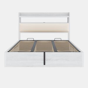 Cama 180x200 - Com elevação hidráulica, USB, cabeceira acolchoada, design vintage em madeira e metal, com arrumação oculta - Branco