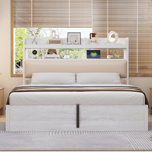 Cama 180x200 - Com elevação hidráulica, USB, cabeceira acolchoada, design vintage em madeira e metal, com arrumação oculta - Branco