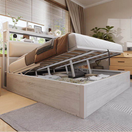 Cama 180x200 - Com elevação hidráulica, USB, cabeceira acolchoada, design vintage em madeira e metal, com arrumação oculta - Branco