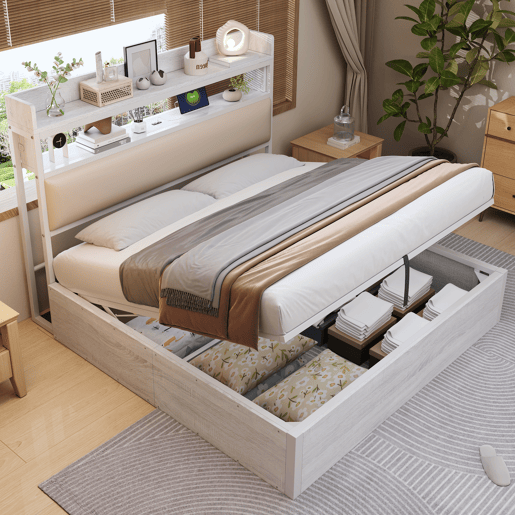 Cama 180x200 - Com elevação hidráulica, USB, cabeceira acolchoada, design vintage em madeira e metal, com arrumação oculta - Branco