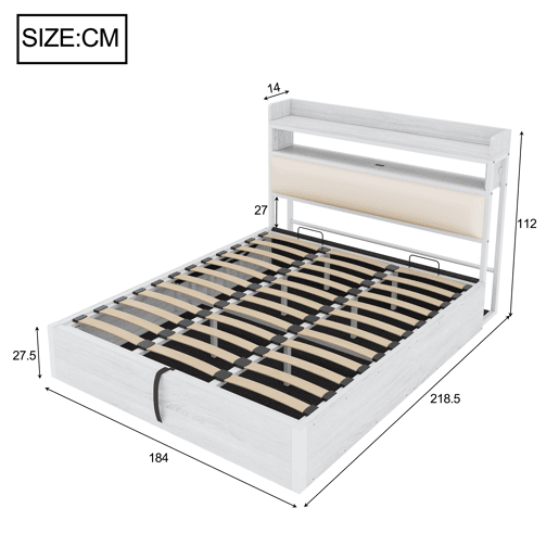 Cama 180x200 - Com elevação hidráulica, USB, cabeceira acolchoada, design vintage em madeira e metal, com arrumação oculta - Branco