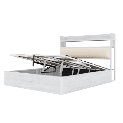 Cama 180x200 - Com elevação hidráulica, USB, cabeceira acolchoada, design vintage em madeira e metal, com arrumação oculta - Branco