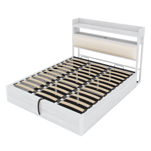 Cama 180x200 - Com elevação hidráulica, USB, cabeceira acolchoada, design vintage em madeira e metal, com arrumação oculta - Branco