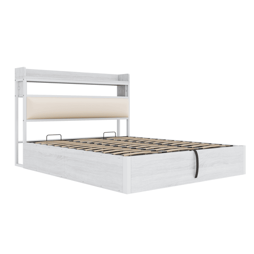 Cama 180x200 - Com elevação hidráulica, USB, cabeceira acolchoada, design vintage em madeira e metal, com arrumação oculta - Branco