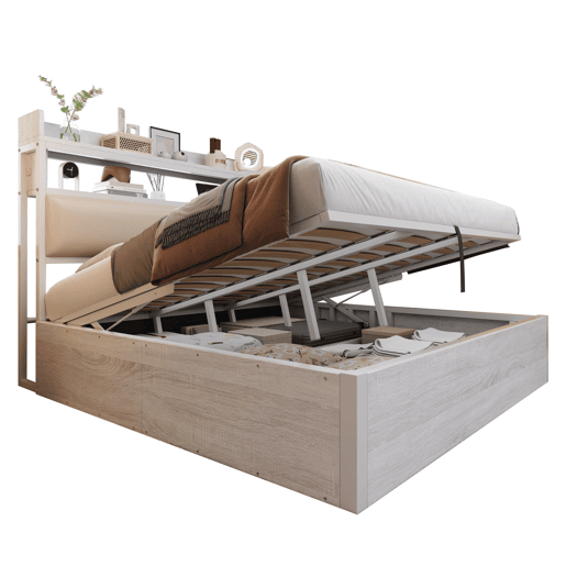 Cama 180x200 - Com elevação hidráulica, USB, cabeceira acolchoada, design vintage em madeira e metal, com arrumação oculta - Branco