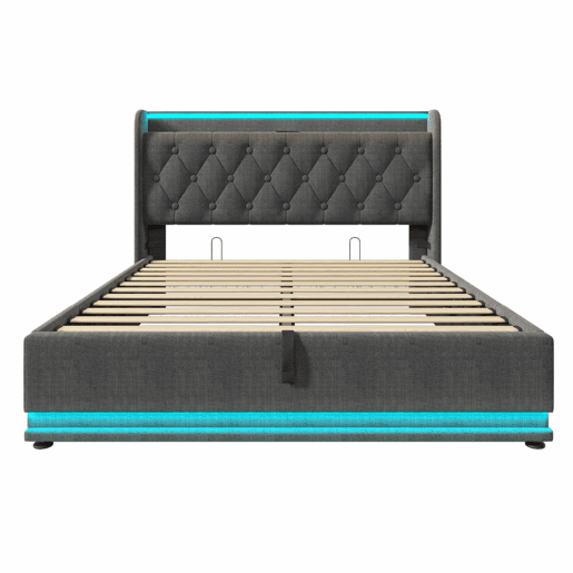 Cama de arrumação em pele sintética 140x200 cm - com LED, tomadas USB e Type-C - Cinzento